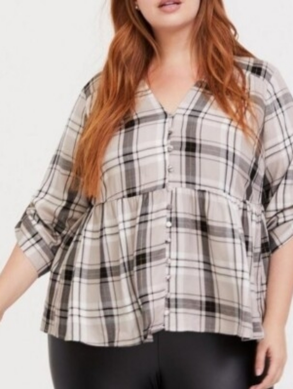 Torrid Babydoll Rayon Twill Button-Front Top Lurex Meadow Plaid